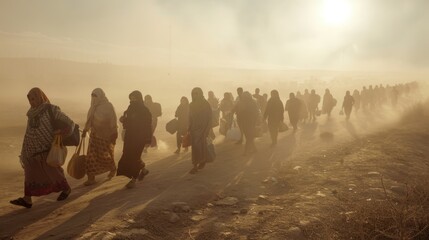 Mass Migration of Anonymous Refugees Walking with Belongings in Dusty Landscape Under Harsh Sunlight - Concept of Displacement and Resilience