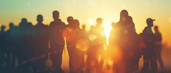 Fototapeta premium Hopeful Refugees at Border Checkpoint Families Huddled Together in Morning Light Soft Focus Immigration Scene with Space for Text