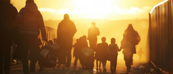 Fototapeta premium Morning Light at the Border Refugees Immigrating, Families Waiting at Checkpoint with Soft Focus, Space for Text