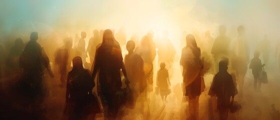 Fototapeta premium Morning Serenity Refugees at Border Seeking Hope and Shelter in Soft Focus Light