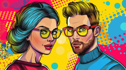 Obraz premium Pop art Trendy male and female models for the advertising industry. Colorful background in pop art retro comic style. 