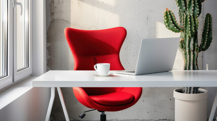 A modern home office with a red armchair, white desk, and cactus plant.