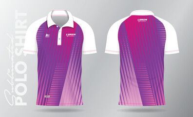 pink and purple jersey polo shirt mockup template design for badminton, tennis, soccer, football or sport uniform in front view and back view.