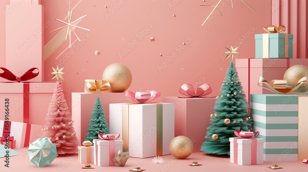 Canvas Prints A pink and gold Christmas scene with presents, ornaments, and Christmas trees.