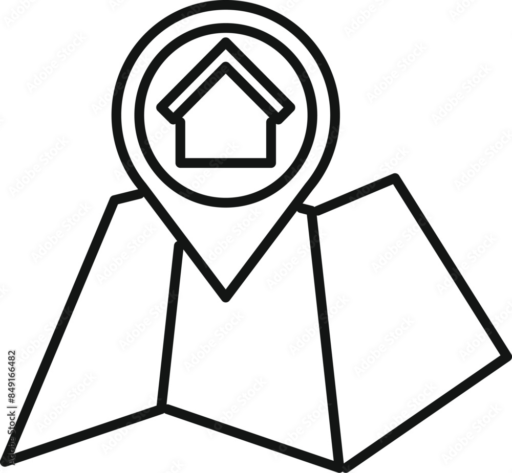 Aufkleber location pin is pointing on a folded map showing a house, representing finding a new home