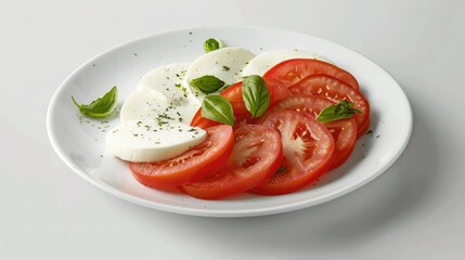 Plate with mozzarella and tomato slices on a white background with studio lighting. A delicious looking caprese salad features fresh basil leaves drizzled with olive oil on top.