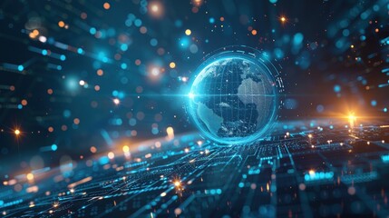 Obraz premium A glowing blue globe of the earth sits on a digital circuit board. Binary code and glowing lights surround the globe.