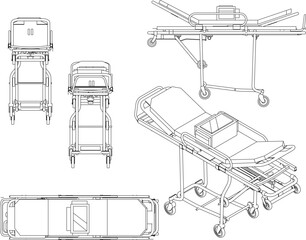 Sketch illustration vector drawing design of hospital patient bed trolley for emergencies