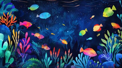 Colorful fish swim among coral reefs and seaweed in a dark blue ocean.