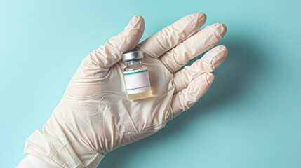 Fototapeta premium A gloved hand holding a vial of vaccine. 