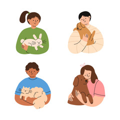 Children with their pets. Kids holding different home pets. Set of happy domestic animal owners. Flat vector illustrations
