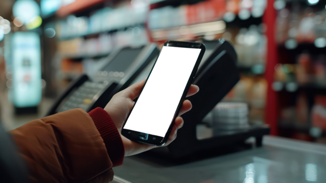 A Close-up Shot of a Smartphone Being Held By a Hand, Displaying a Mobile Payment App Screen, with a Cashier Counter in the Background at a Modern Shopping Center, Transparent Phone Screen