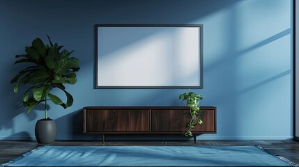 Dark wood sideboard, blue walls with a framed poster on the wall, minimalist interior design style, rug and pot near it, blue and gray colors.