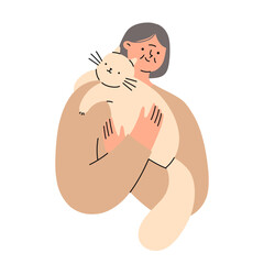 Elderly woman with her pet cat. Happy domestic animal owner. Flat vector illustrations.
