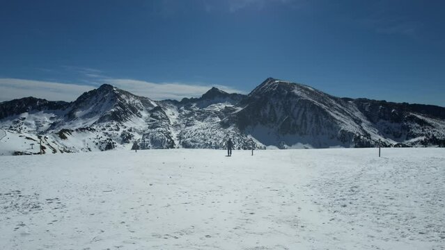 Aerial video over Coll blanc KSB ski resort, Andorra in a snowy winter
