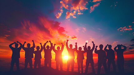 Fototapeta premium Team of construction workers celebrating at sunset with vibrant sky