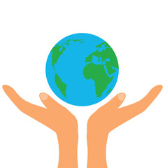 Hands Holding Planet Earth Flat Design. Environment and nature care concept vector