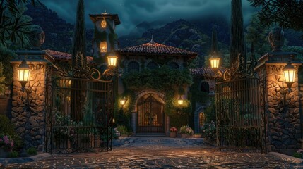An elegant European style villa with lights on, surrounded by lush greenery and a large gate leading to the entrance of the house. The scene was captured at night under warm street lighting.