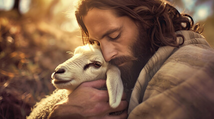 Jesus Christ gently hold a lamb. Religion and Christianity concept