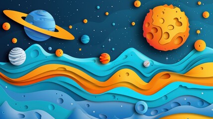 3D illustration of a space landscape with planets, moons, and stars. paper cut style background