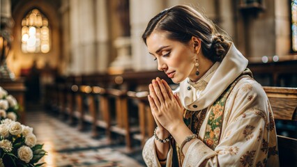 Fototapeta premium A person praying with a sincere and joyful expression, representing true worship.