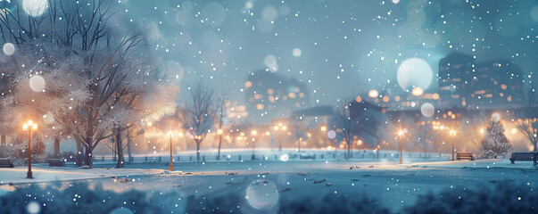 Frosty winter background with snow-covered cityscape, twinkling streetlights, and clear cold night.