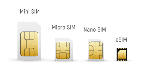 Sim card isolated set. Mini mobile sim chip standard 3d icon.