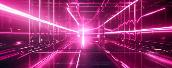 Fototapeta premium Futuristic neon pink background with abstract shapes and reflective surface: Bright and vibrant, adding a high-tech and energetic feel