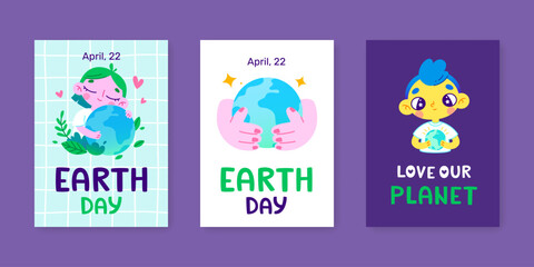 Earth day banner set with kids hugging planet. Cartoon poster collection with world globe in childrens hands.