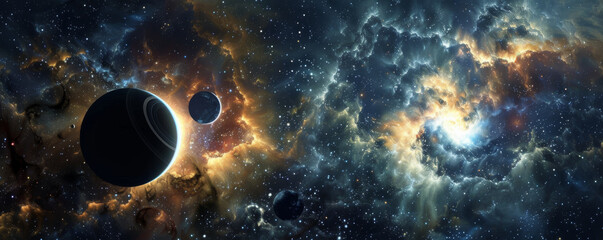 Obraz premium Intense space background with bright white stars, dark black holes, and contrasting blue and yellow nebulae.