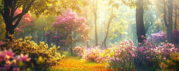 Lush spring background with a forest of blooming trees, colorful flowers, and gentle sunlight.