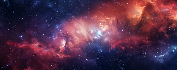 Naklejka premium Intense space background with bright white stars, dark voids, and contrasting red and blue nebulae.