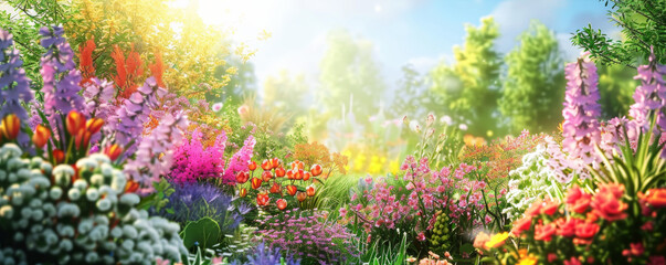 Naklejka premium Lush spring background with a vibrant garden, colorful flowers, and a sunny sky.