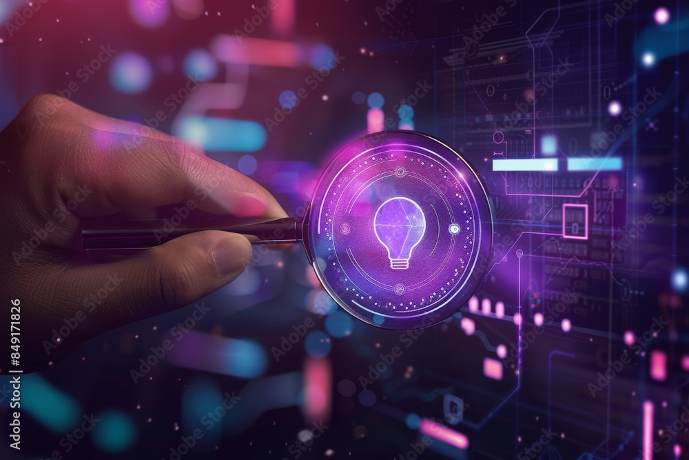 Poster a close-up illustration of a magnifying glass over a digital fingerprint on a screen, representing d
