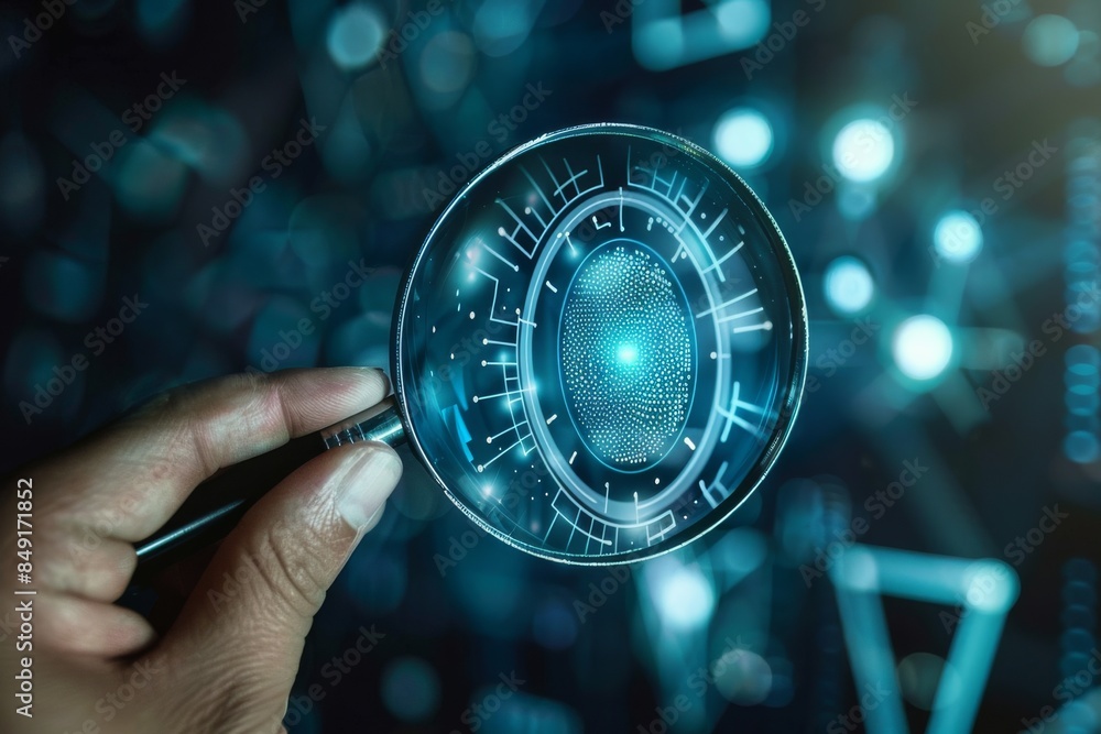 Poster a close-up illustration of a magnifying glass over a digital fingerprint on a screen, representing d