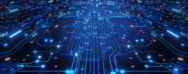 Modern circuit pattern background with neon blue elements on a dark surface: High-tech and futuristic, perfect for a tech-savvy ambiance
