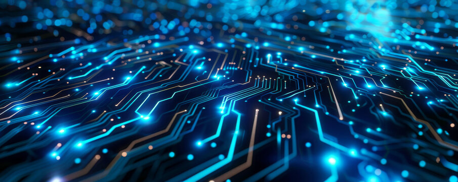 Modern circuit pattern background with neon blue elements on a dark surface: High-tech and futuristic, perfect for a tech-savvy ambiance