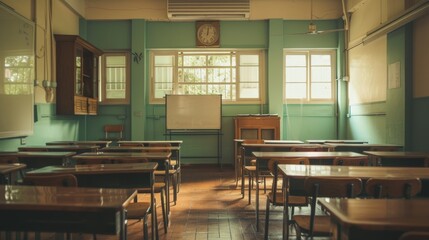 Fototapeta premium Empty school classroom with wooden-metal tables and chairs for lessons in a high school in Thailand. Inside of secondary education With whiteboard Vintage color tone education concept