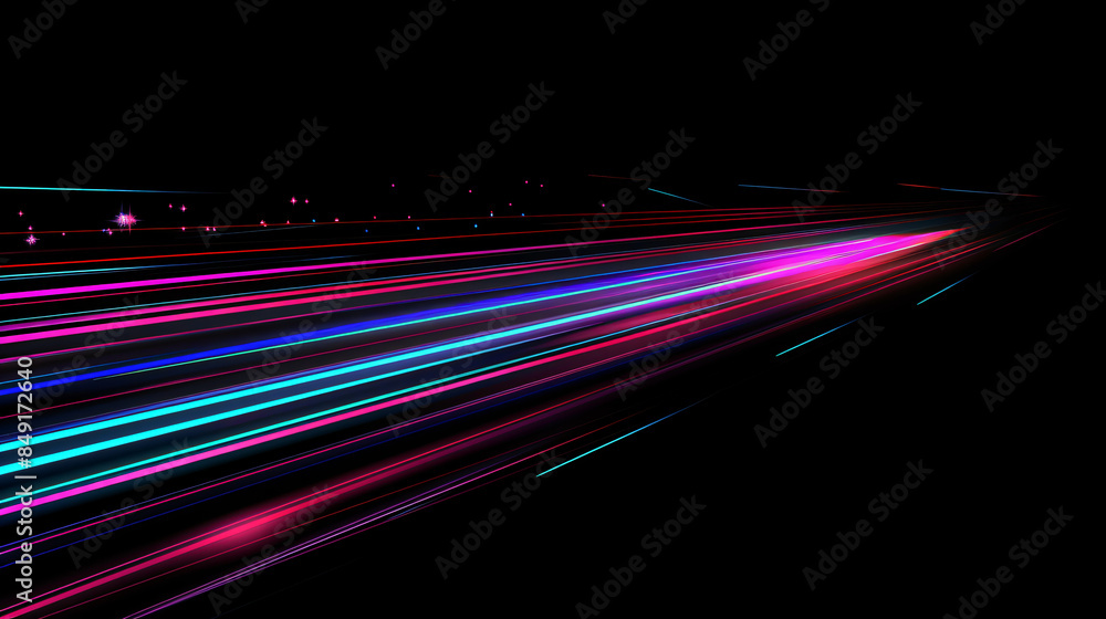 Poster abstract image of colorful neon light trails speeding and converging on the horizon