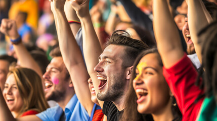A group of friends cheering at a sports event, showing excitement and support for their team.