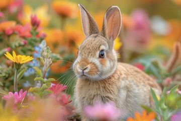 Fototapeta premium Baby Rabbit: A small, furry baby rabbit with long ears and bright eyes, hopping through a meadow filled with colorful flowers.
