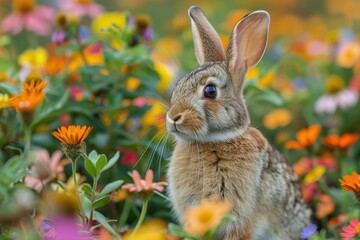 Obraz premium Baby Rabbit: A small, furry baby rabbit with long ears and bright eyes, hopping through a meadow filled with colorful flowers.