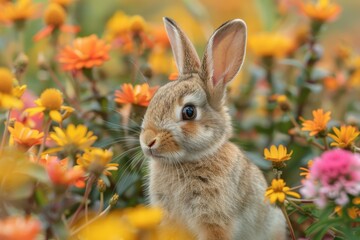 Fototapeta premium Baby Rabbit: A small, furry baby rabbit with long ears and bright eyes, hopping through a meadow filled with colorful flowers.