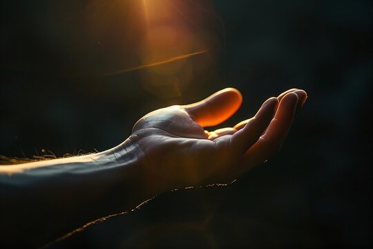 powerful sunlight falls on the hand in a dark background, seeking help concept