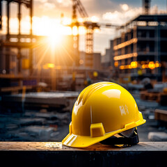 Yellow hard hat safety helmet and blueprint on a desk at construction site, engineering and construction industry concept