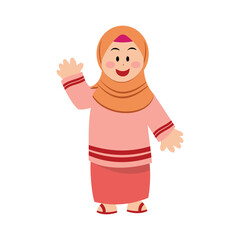 illustration design of a Cute cartoon muslim girl in traditional with a hijab and pink clothes on a white background. Illustration element design with a Muslim theme