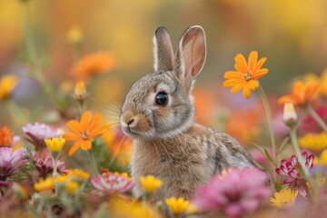 Fototapeta premium Baby Rabbit: A small, furry baby rabbit with long ears and bright eyes, hopping through a meadow filled with colorful flowers.