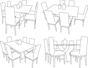 Vector illustration sketch architectural design drawing interior details of dining table chairs in the family room