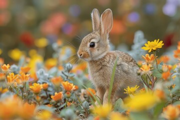 Baby Rabbit: A small, furry baby rabbit with long ears and bright eyes, hopping through a meadow filled with colorful flowers.