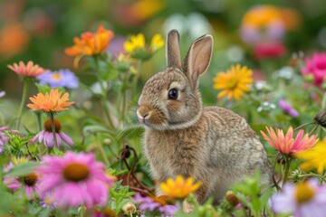 Fototapeta premium Baby Rabbit: A small, furry baby rabbit with long ears and bright eyes, hopping through a meadow filled with colorful flowers.